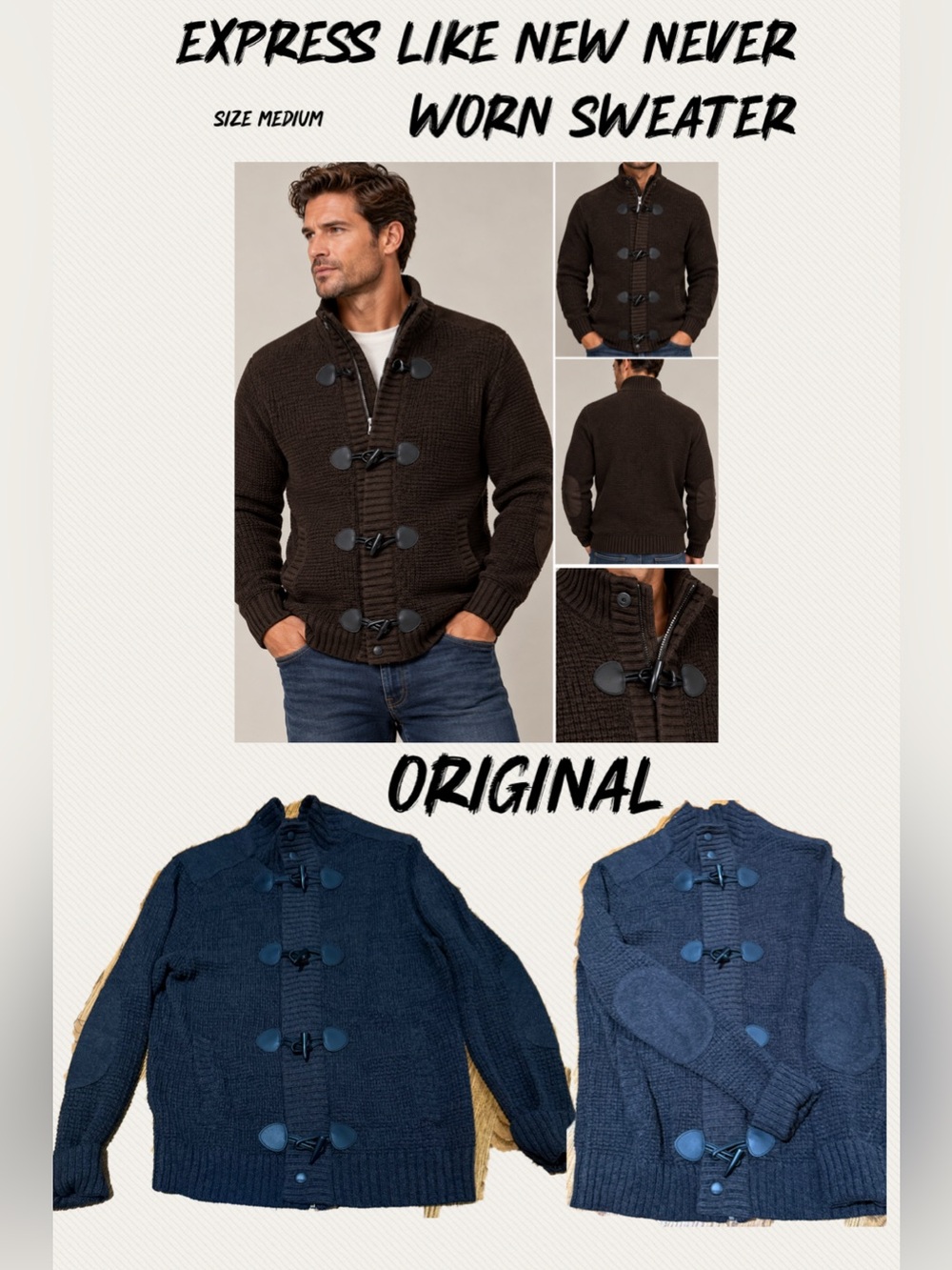Express Men's Toggle Knit Sweater - Dark Brown and Navy